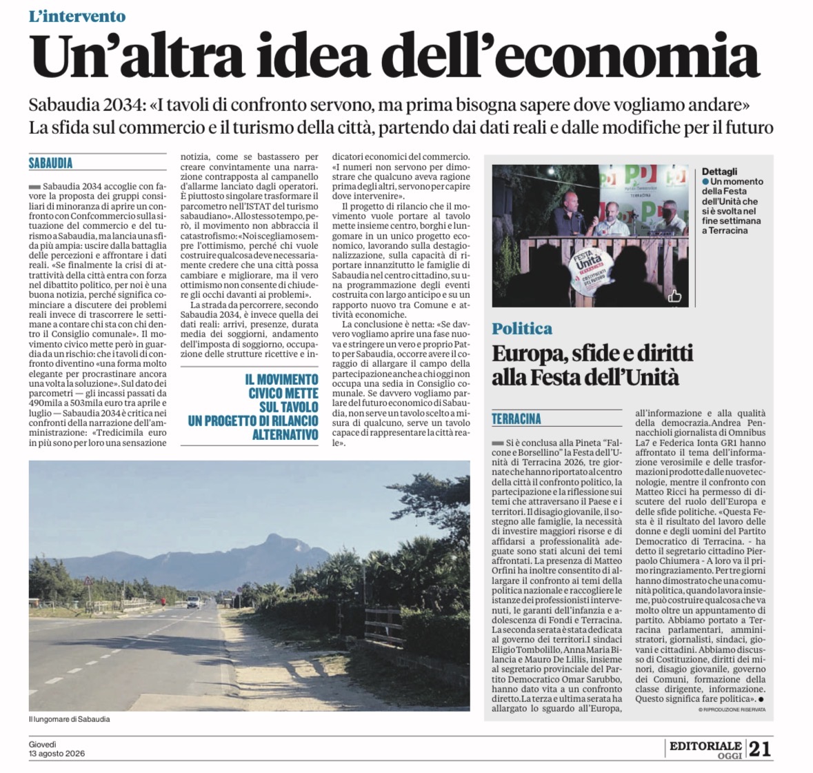 Pagina di Latina Editoriale Oggi dedicata al comunicato di Sabaudia 2034 sui tavoli di confronto